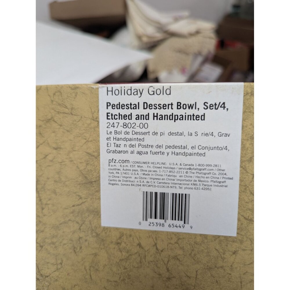 Pfaltzgraff Holiday Gold Hand Painted Glass Pedestal Dessert Bowls Set 4 Box - Picture 2 of 7